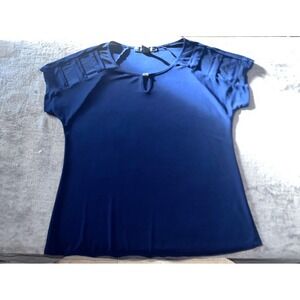 Adele & May Navy Blue Pleated Shoulder Keyhole Blouse Womens Small